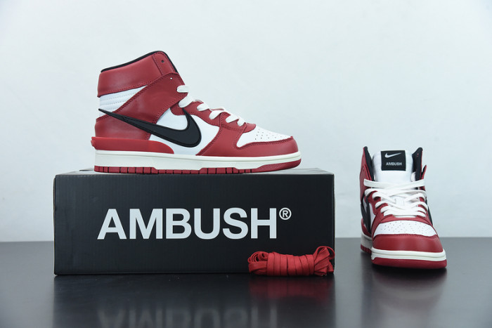 ambush x nike sb dunk high varsity red black white cu7544-102