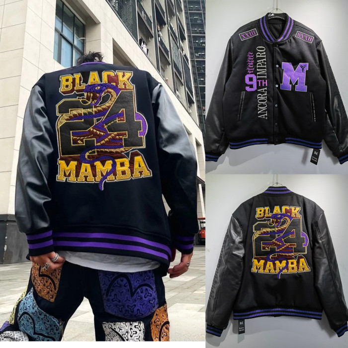Kobe baseball jersey with embroidered patch, PU leather sleeves and cotton jacket RC1087